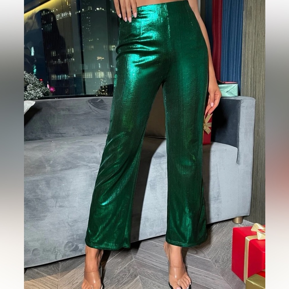 Green Sparkly High Waist Boot-Cut Leg Pants